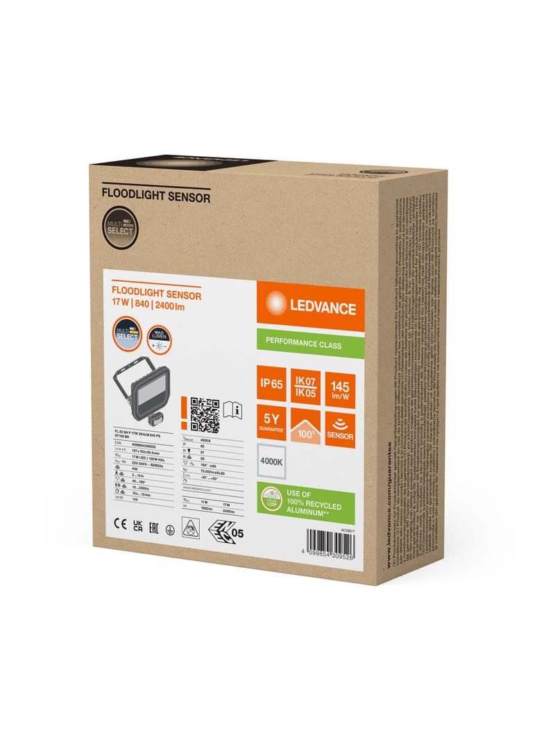Naświetlacz LED z czujnikiem ruchu FLOODLIGHT sensor PFM G4 11W17W IP65 4000K 145lm/W czarny LEDVANC
