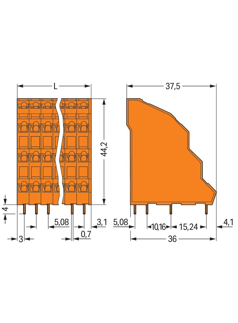 4-piętrowa listwa do pł. drukowanych 4 x 4 bieg. pomarań. raster 5,08 mm