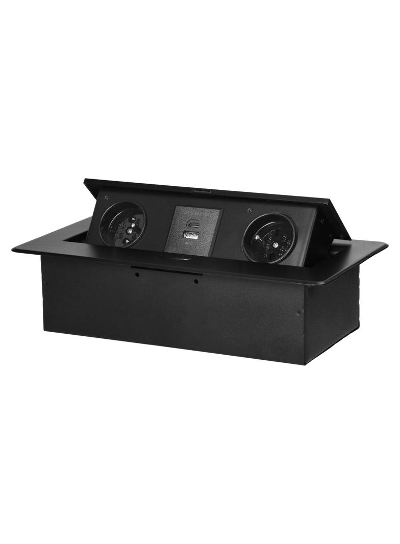Gniazdo meblowe wpuszczane w blat z płaskim frezowanym rantem i ładowarką USB 2x2P+Z 2xUSB (typ A+