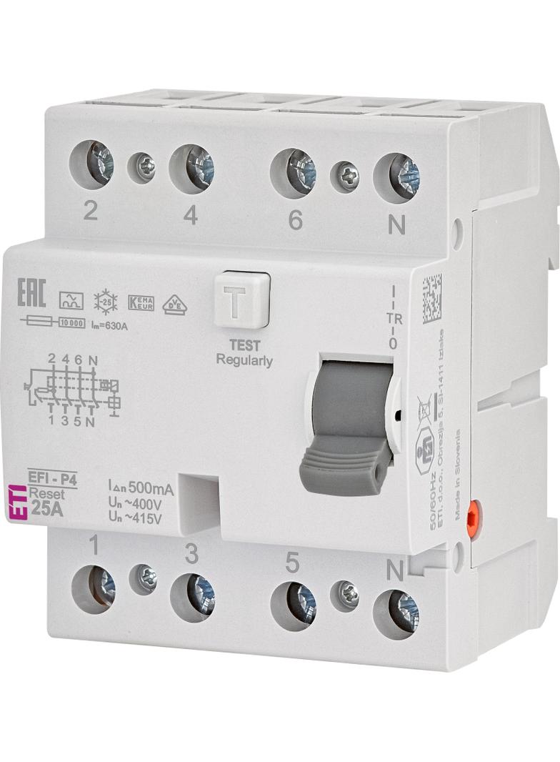 Wyłącznik różnicowoprądowy - z funkcją Reset EFI-P4R A 25/0.5 3P+N 25A 500mA Typ A 002061891 ETI