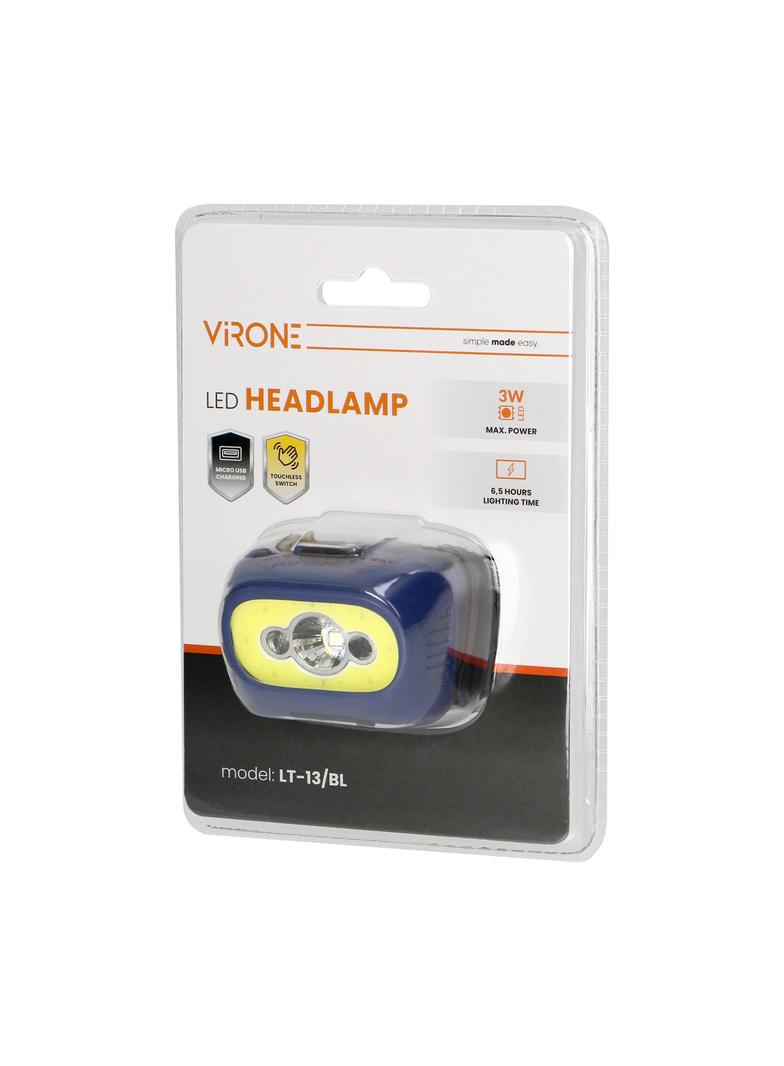 Latarka czołowa COB+LED, ładowanie USB, czujnik ruchu, niebieska