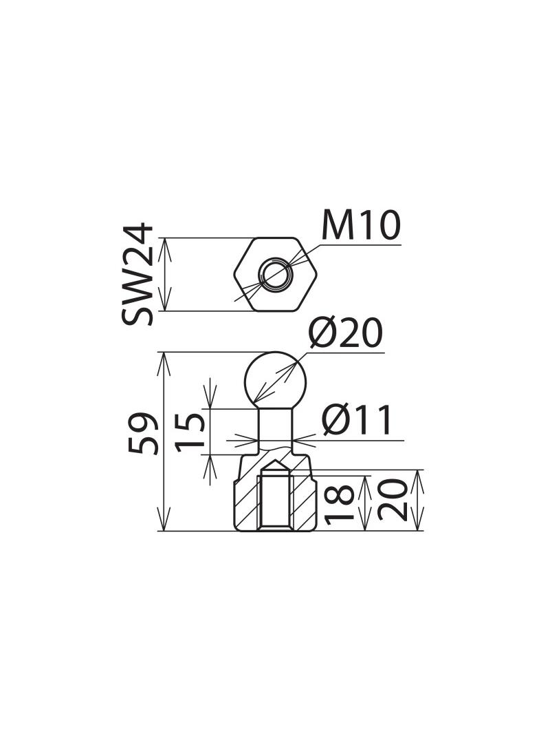 Kulowy punkt mocowania 20 mm, prosty, z gwintem wewnętrznym M10