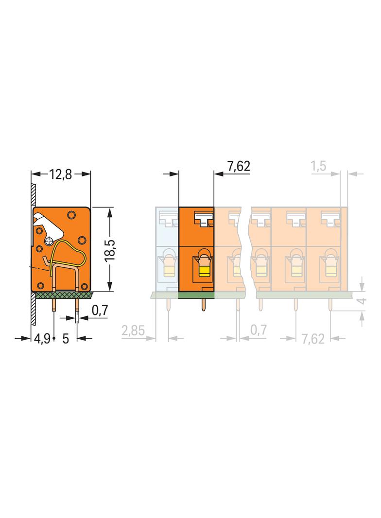 złączka przepustowa do p.drukowanych pomarańczowa raster 7,62 mm
