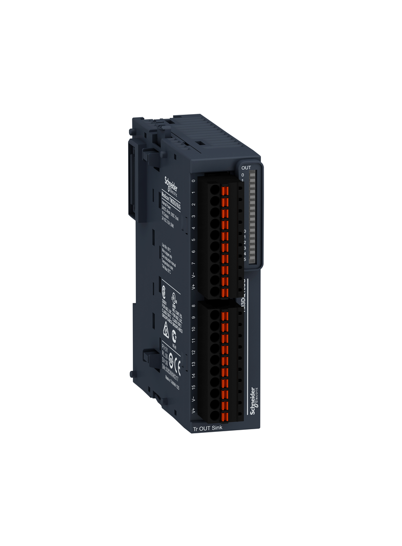 Modicon TM3, moduł wyjść cyfrowych, 16 wyjść tranzystorowych NPN, 0.5 A, zaciski sprężynowe