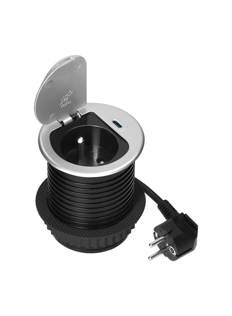 Gniazdo meblowe O6cm wpuszczane w blat z pokrywką, ładowarką USB i przewodem 1,9m, 1x2P+Z (French),