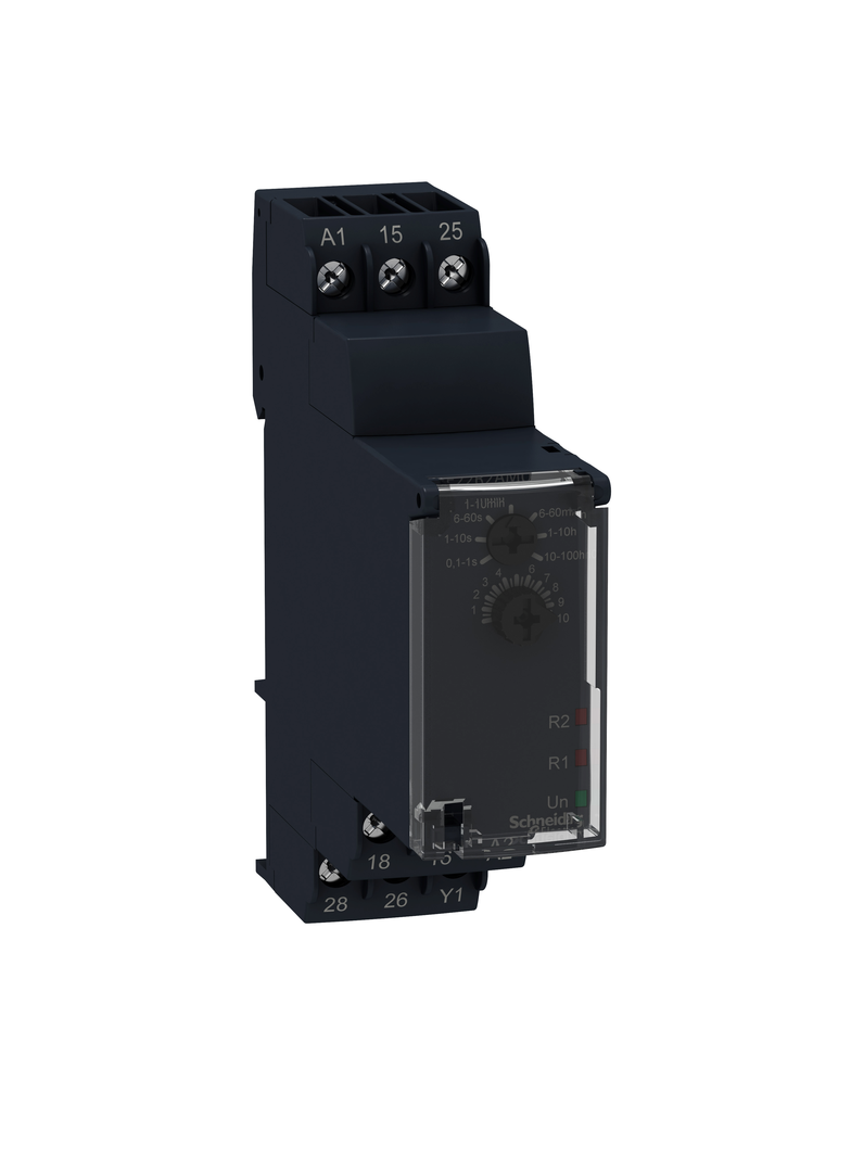 Zelio Time Przekaźnik czasowy z opóźnieniem zakres 0.1s/100h, 24V DC/24 240V A,C 2 C/O