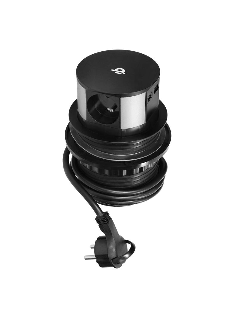 Gniazdo meblowe O10cm wysuwane z blatu z ładowarką indukcyjną ładowarką USB i przewodem 1,5m 3x2P+ O