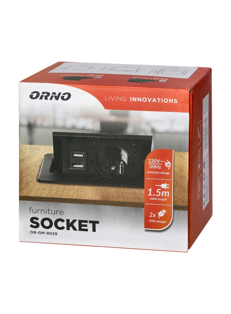 Gniazdo meblowe wpuszczane w blat z płaskim frezowanym rantem ładowarką USB i przewodem 1,5m 1x2P+ O
