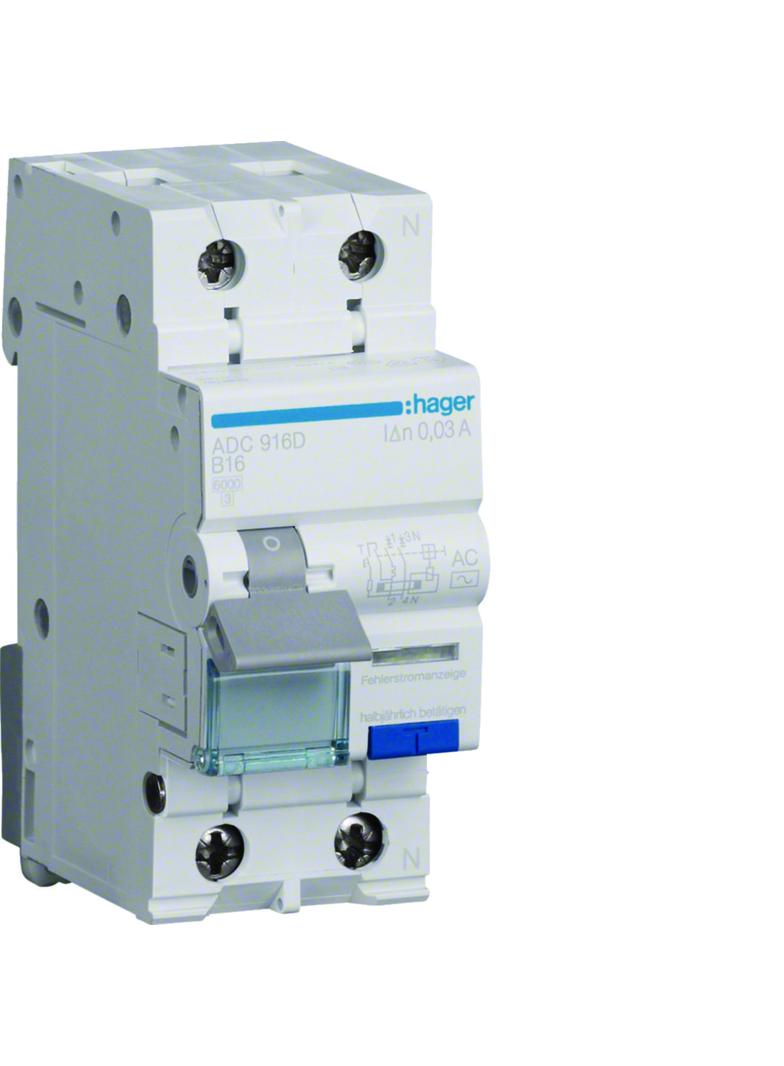 RCBO Wyłącznik różnicowoprądowy z członem nadprądowym 1P+N 6kA B16A 30mA Typ AC ADC916D HAGER
