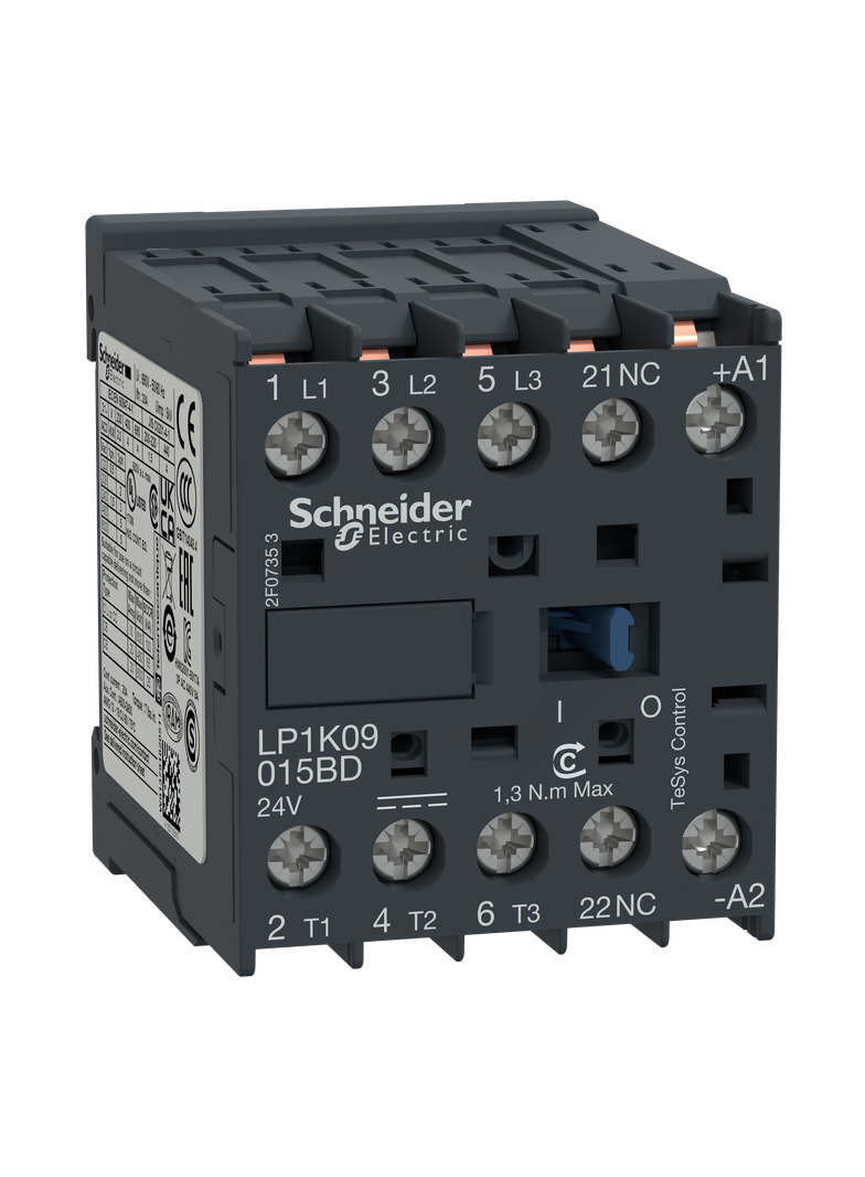 Stycznik mocy, TeSys K, 9A, 3P, 1NC, cewka 24VDC, nóżki lutownicze LP1K09015BD