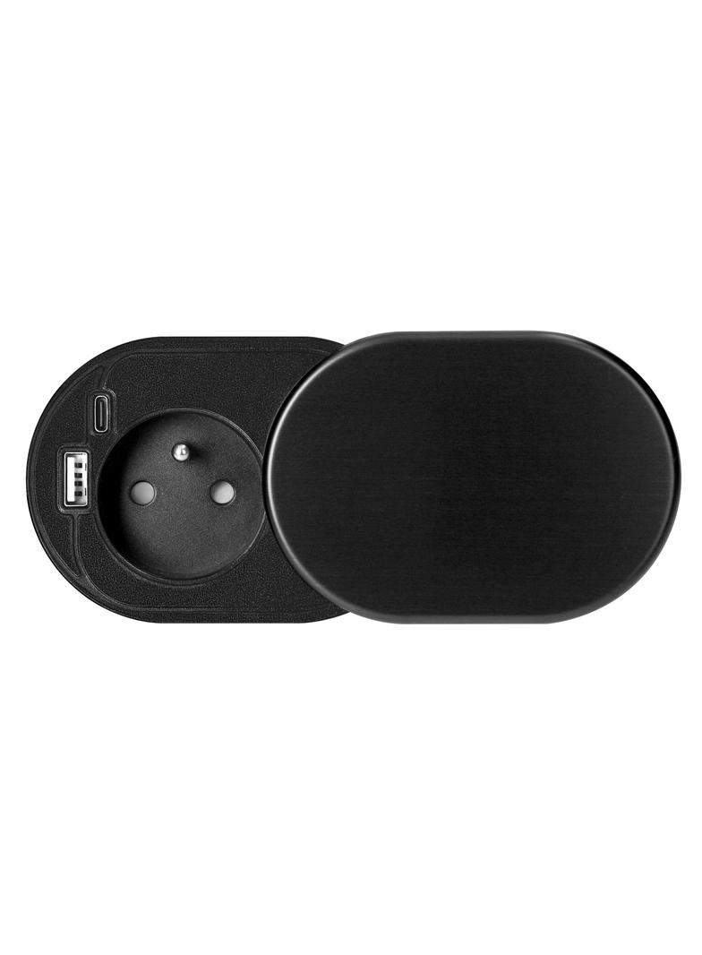 Gniazdo meblowe O6cm, wpuszczane w blat z przesuwną pokrywką, ładowarką USB i przewodem 1,9m, 1x2P+Z