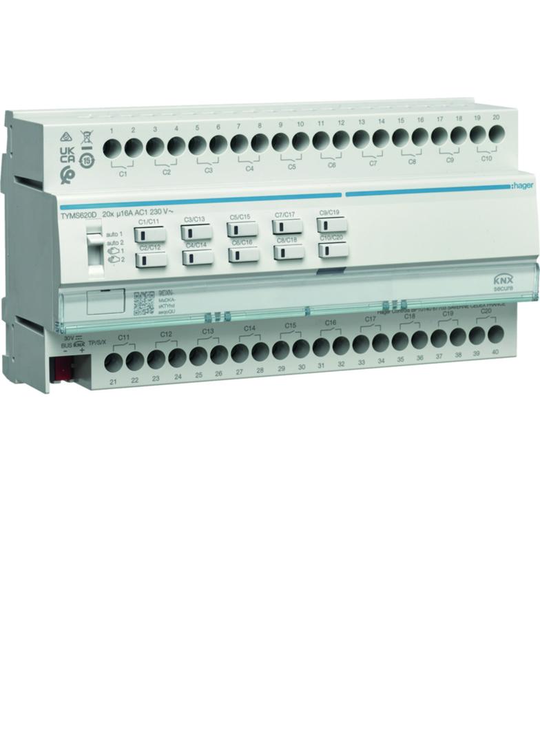KNX e/s Sterownik załączający/żaluzjowy 20-/10-krotny 16A C-load, KNX secure TYMS620D HAGER