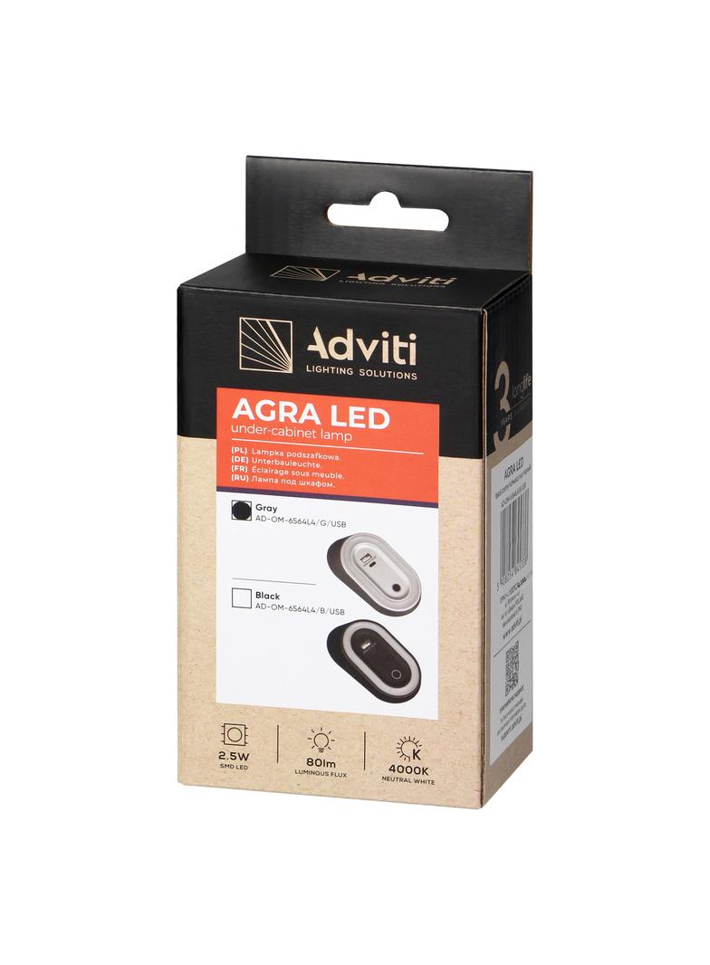 AGRA lampka podszafkowa LED 2,5W, 80lm, 4000K, z włącznikiem bezdotykowym i funkcją ładowania USB A+