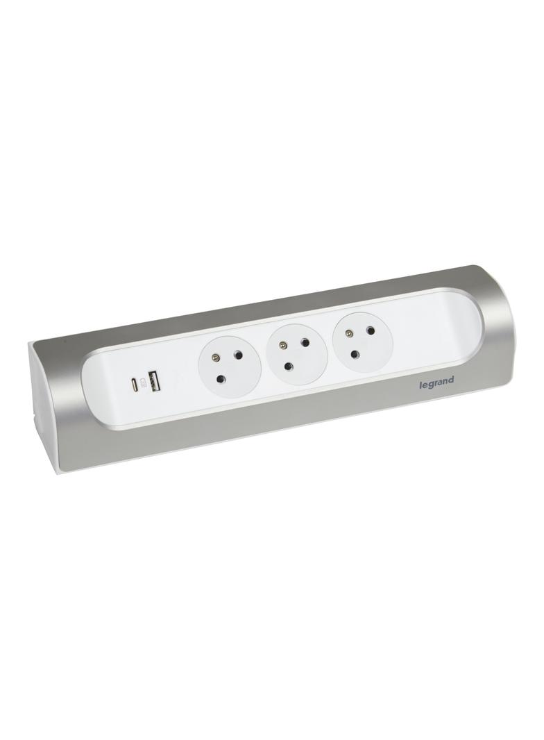 PRZEDŁUŻACZ NAROŻNY 3X2P+Z, USB A+C, BEZ PRZEWODU (WIELOGNIAZDOWY BLOK PRZENOŚNY) - BIAŁY/ALUMINIUM,