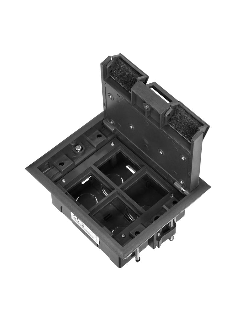 Puszka podłogowa na gniazda modułowe 4 x 45x45mm lub 8 x 22,5x45mm, pokrywa: plastik, czarna