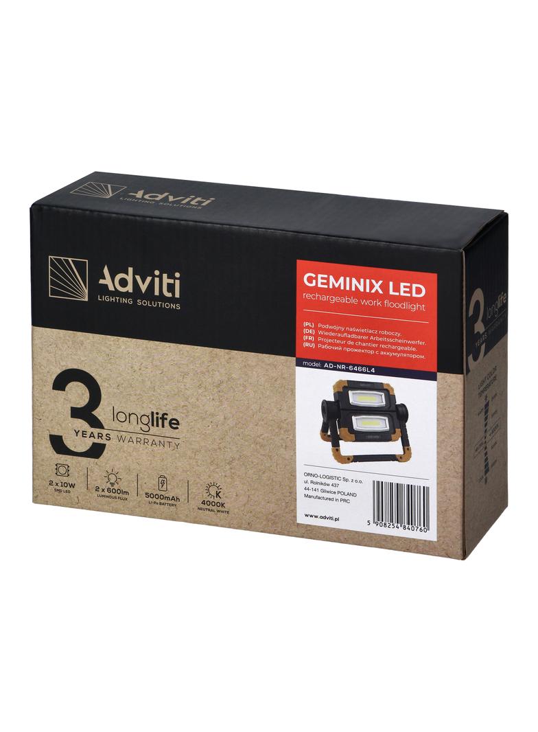GEMINIX LED 2x10W, podwójny naświetlacz roboczy, przenośny z akumulatorem, 1200lm, IP44, 4000K, 5000 AD-NR-6466L4 ORNO