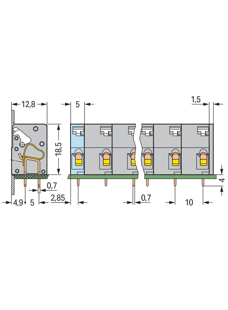 listwa przepustowa do p. drukowanych 2-bieg. szara raster 10 mm