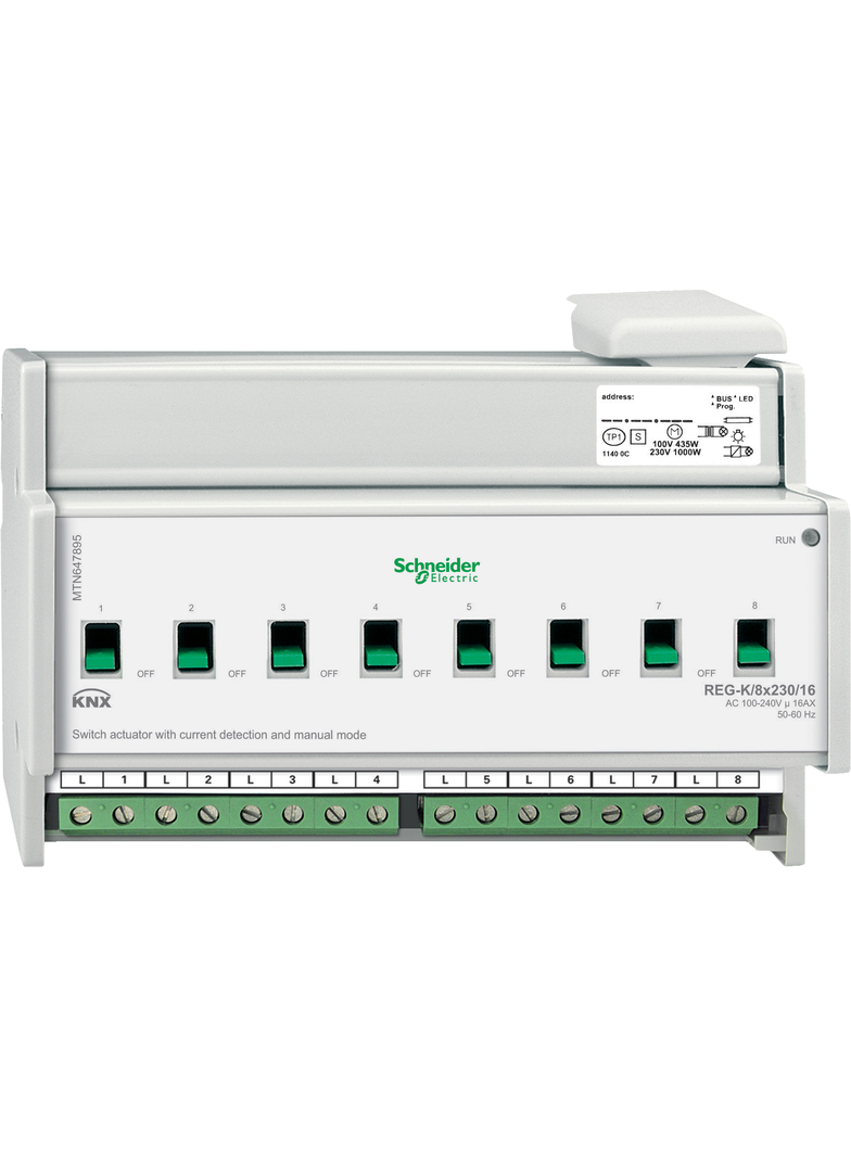 KNX aktor załączający REG-K 8x 16 A jasnoszary z uruch. ręcz. i det. prądu MTN647895 Schneider