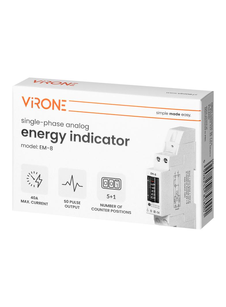 1-fazowy analogowy wskaźnik zużycia energii elektrycznej, 40A, 1 moduł, DIN TH-35mm