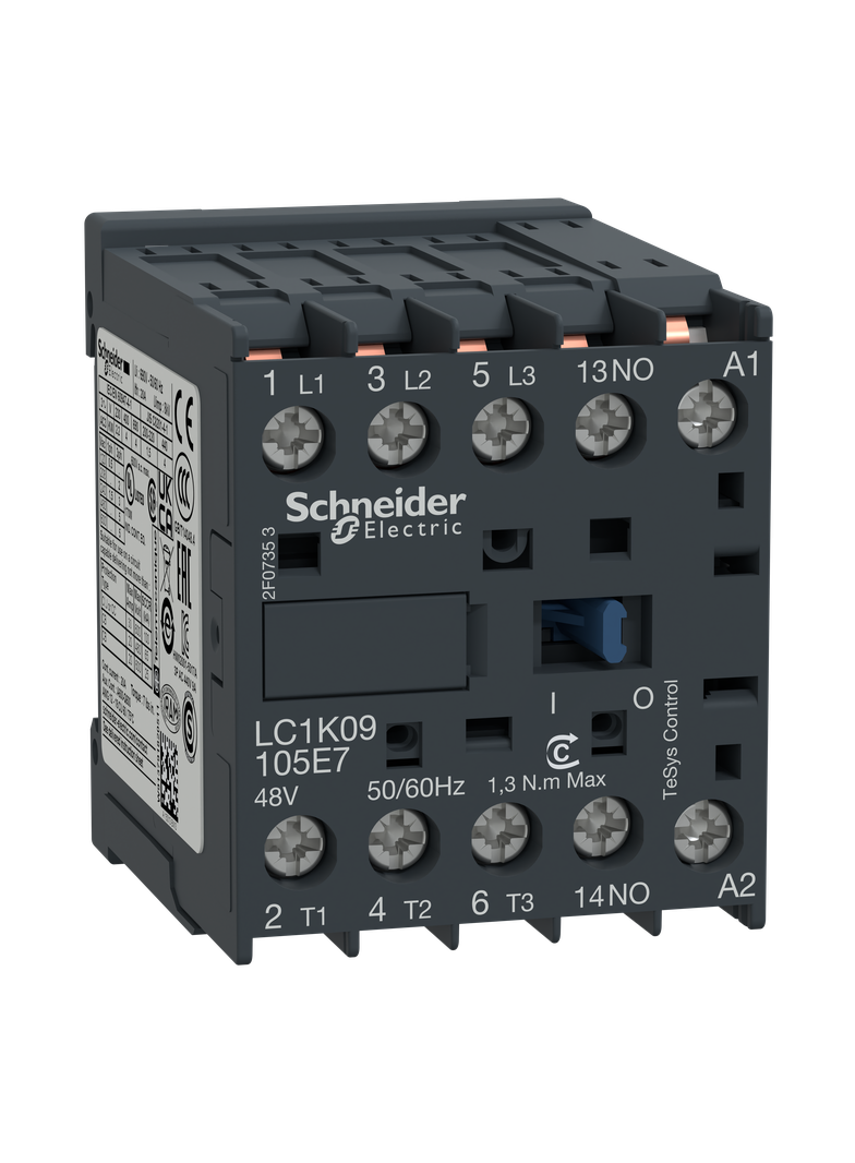 Stycznik mocy, TeSys K, AC3, 9A, 3P, 1NO, cewka 48VAC, nóżki lutownicze