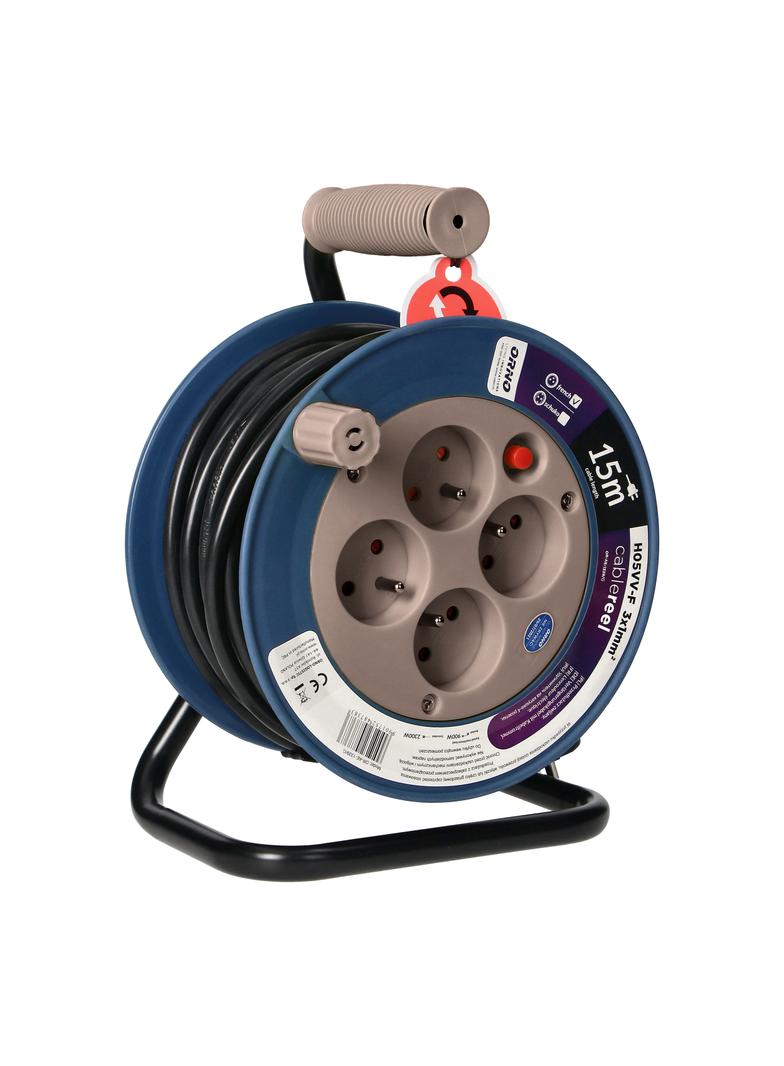 Przedłużacz bębnowy MINI 4 gniazda metalowy stojak polwinit H05VV-F 3x1mm2 długość 15m szary OR-AE-1