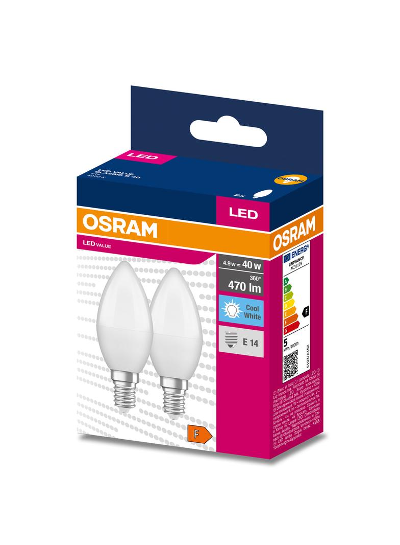Żarówka LED x2 B37 Świeczka E14 4.9W = 40W 470lm 4000K Neutralna 200° VALUE CLASSIC Osram
