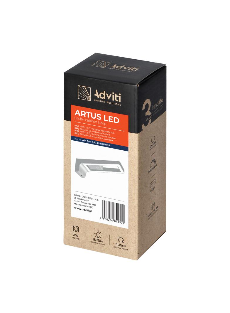 ARTUS lampka podszafkowa LED 3W, 225lm, 4000K, z włącznikiem dotykowym i USB, szara