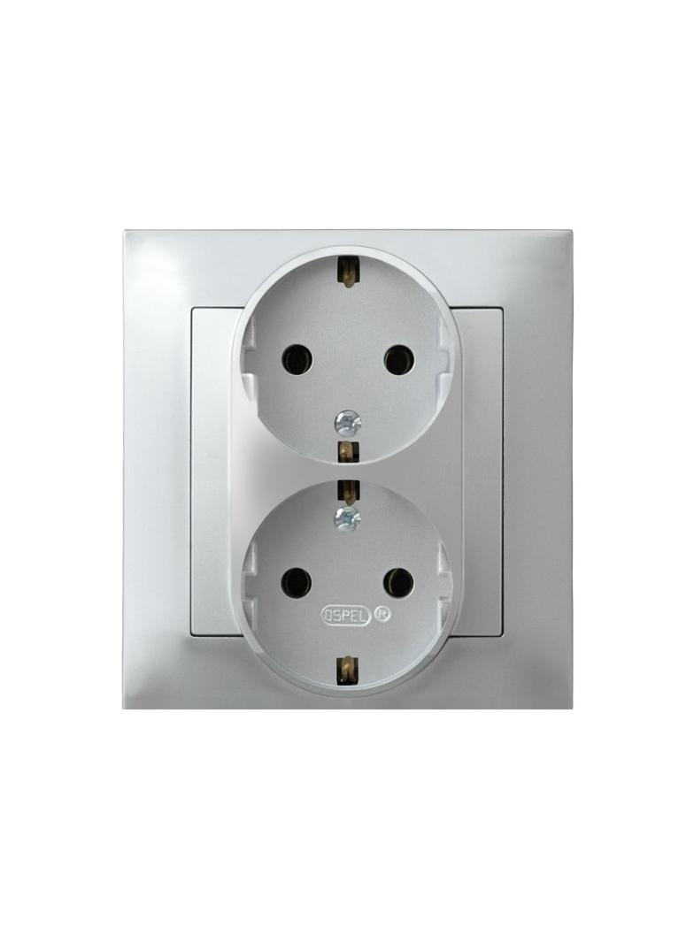 IMPRESJA Gniazdo podwójne z uziemieniem schuko kompletne z ramką - kolor srebro