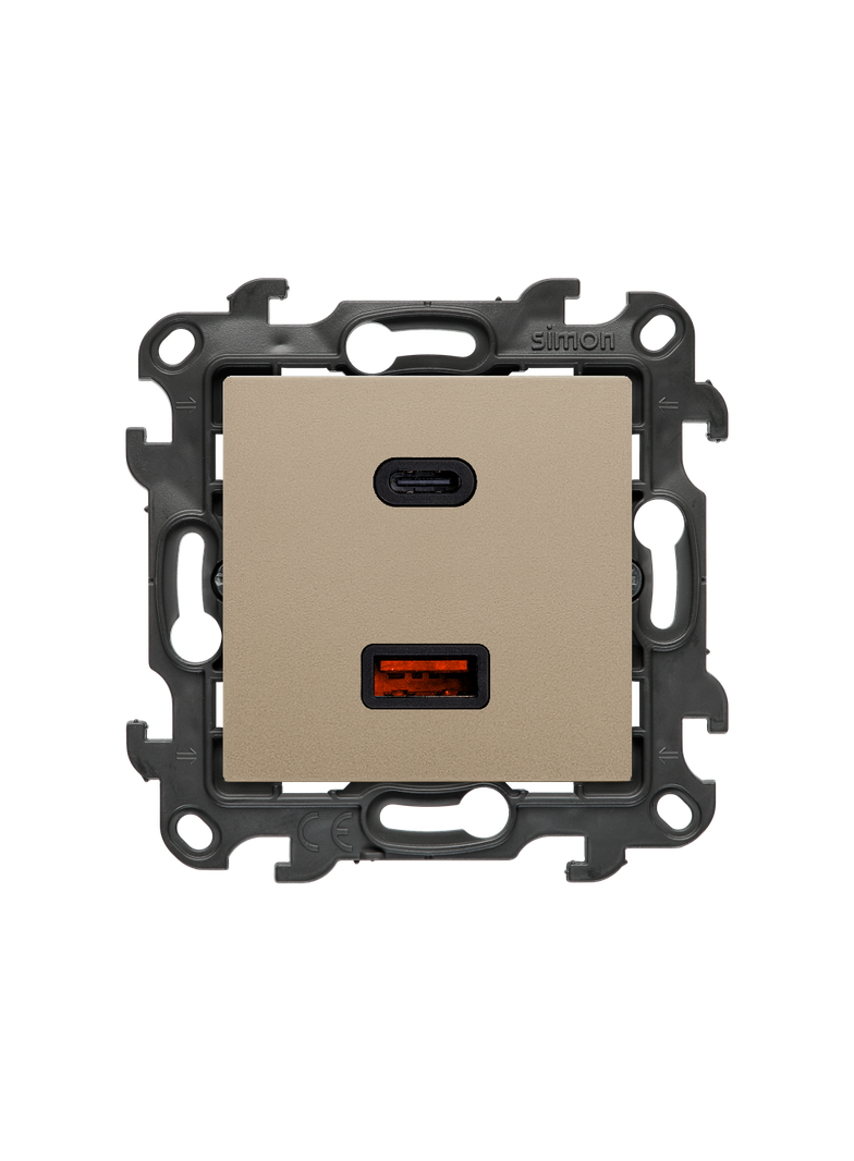 Simon 24 Ładowarka podwójna USB typ A+C Quick Charge 30W 230V szampański mat NEC2CAQ.01/34