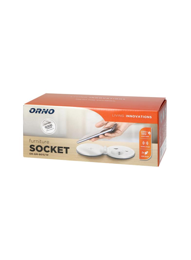 Gniazdo meblowe O8cm wpuszczane w blat z ładowarką indukcyjną, ładowarką USB z 2 gniazdami A i C, pr OR-GM-9015/W ORNO