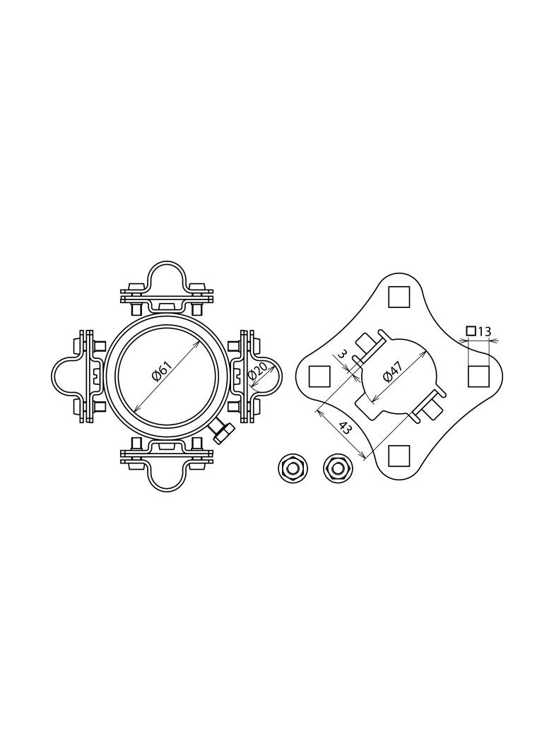 Zestaw montażowy do HVI long na rurze wsporczej, płytka przyłączeniowa, obejma na rurę z 4 uchwytami