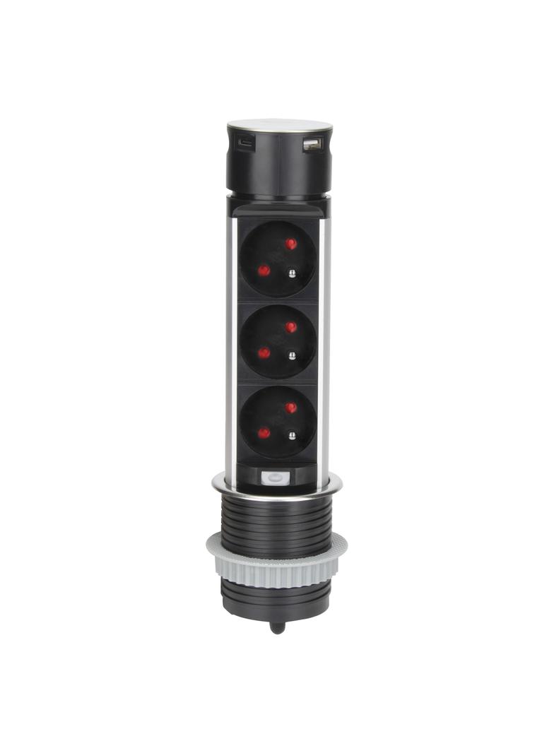 Gniazdo meblowe O6cm wysuwane z blatu z ładowarką USB i przewodem 1,5m 3x2P+Z 2xUSB (typ A i typ C O