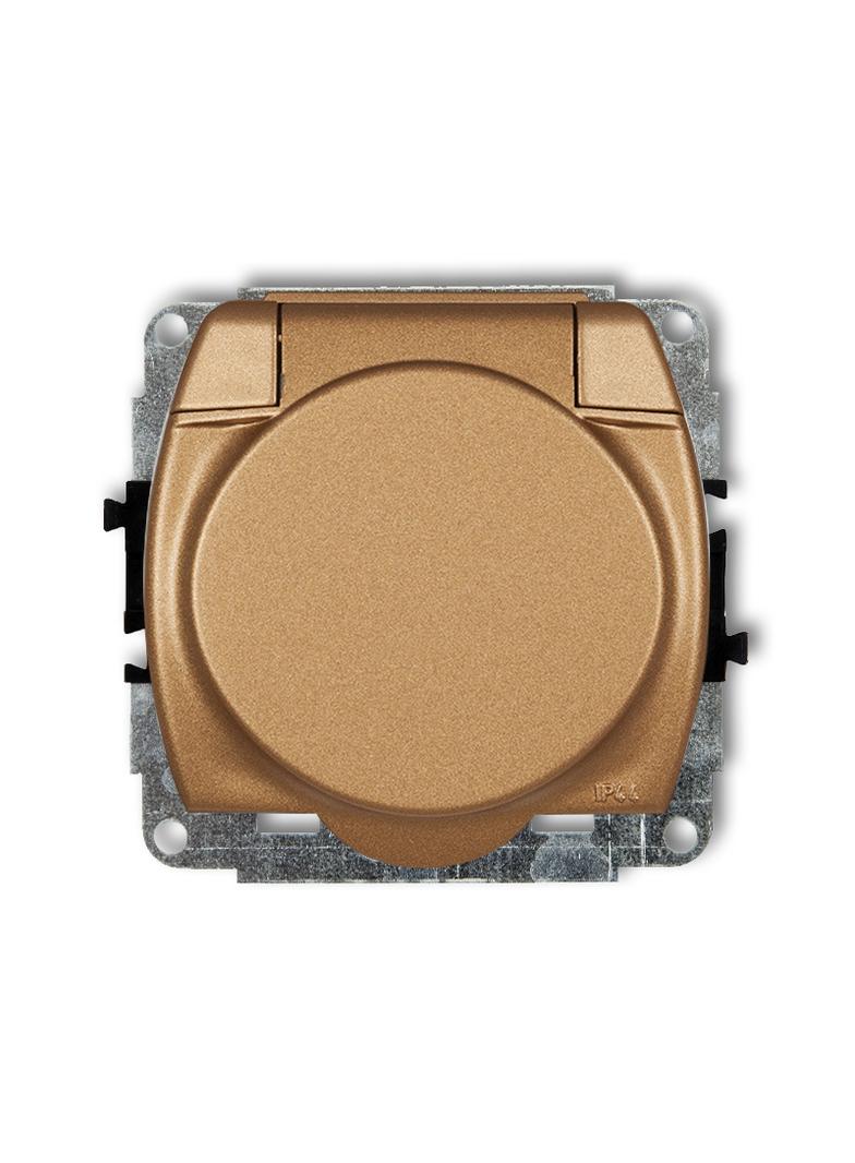 TREND Mechanizm gniazda bryzgoszczelnego z uziemieniem SCHUKO 2P+Z (klapka złoty metalik, przesłony