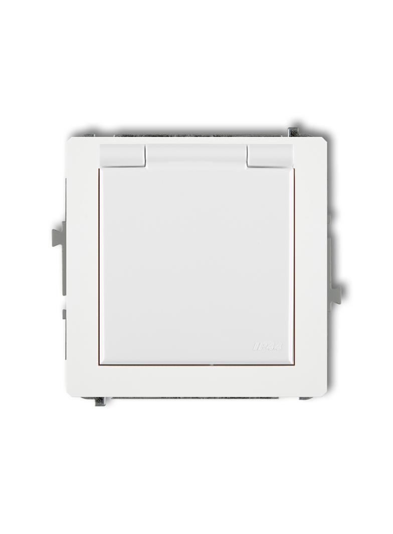 DECO Mechanizm gniazda bryzgoszczelnego z uziemieniem SCHUKO 2P+Z (klapka biała, przesłony torów prą