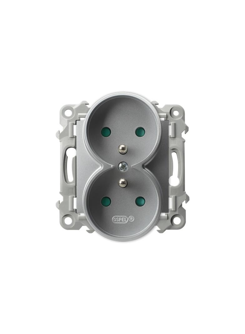 SZAFIR Gniazdo podwójne z uziemieniem z przesłonami torów prądowych, moduł bez ramki - kolor srebro