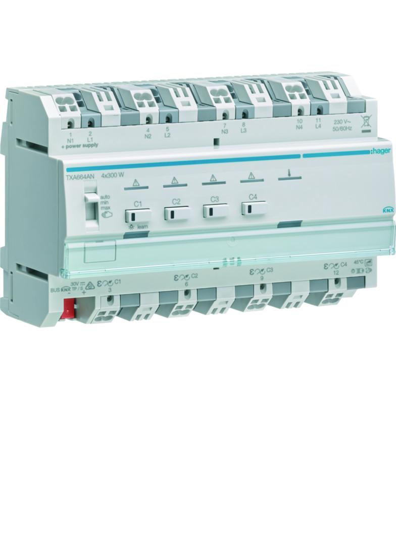 KNX e/s Ściemniacz uniwersalny 4-kan 4x300 W wielofazowy f. sumowania obc. TXA664AN HAGER