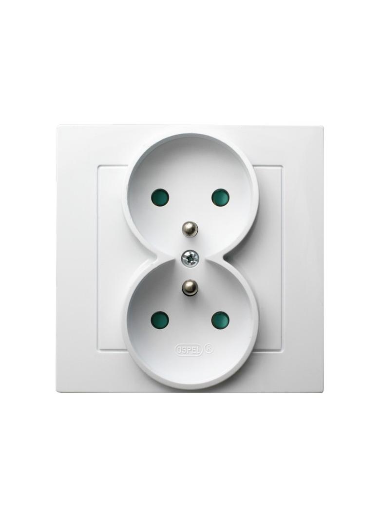 AS Gniazdo podwójne z uziemieniem z przesłonami torów prądowych, kompletne z ramką - kolor biały