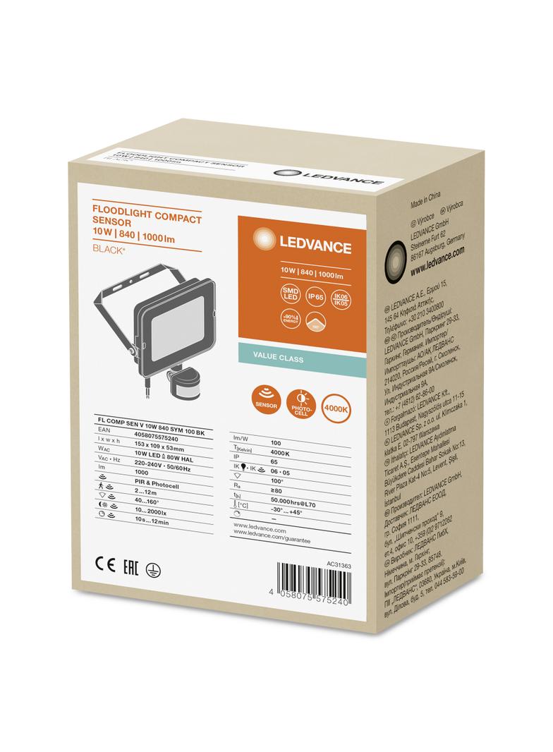 Naświetlacz LED FLOOD COMPACT SENSOR V 10W 840 SYM 100 BK 4058075575240 LEDVANCE