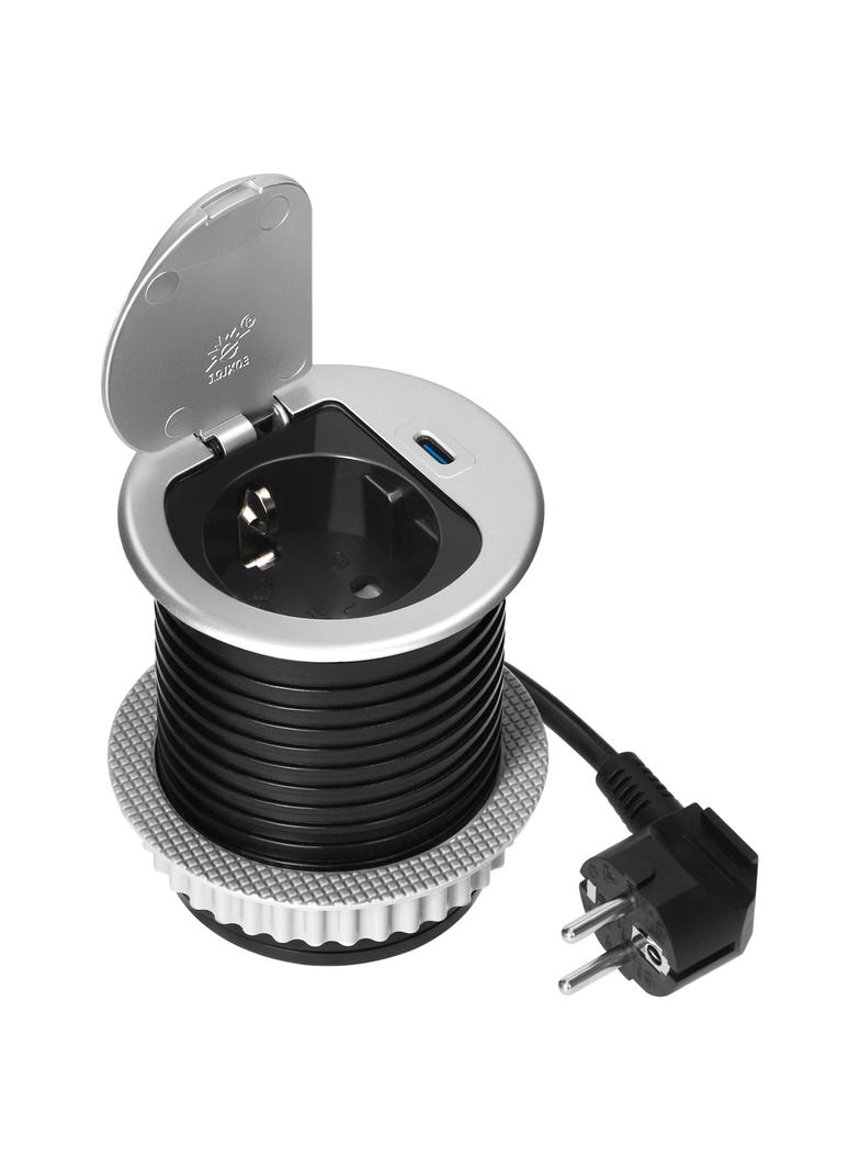 Gniazdo meblowe O6cm wpuszczane w blat z pokrywką, ładowarką USB i przewodem 1,9m, 1x2P+Z (Schuko),