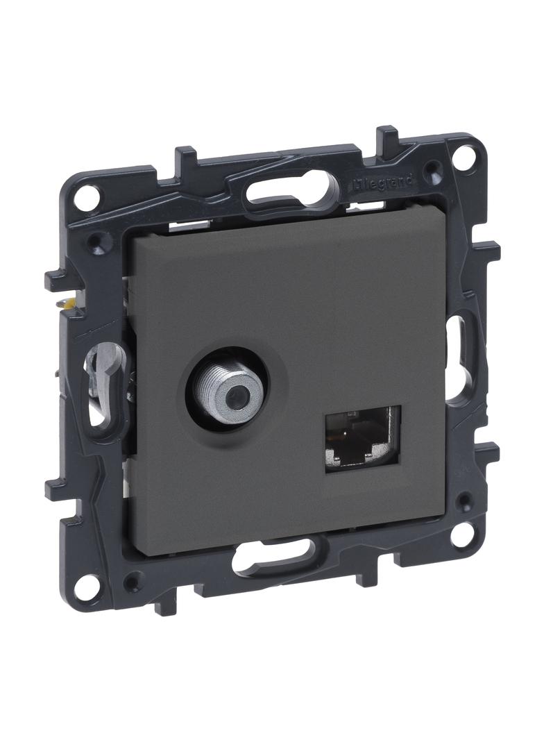 Niloe Step - Gniazdo Tv Typu ''F'' Końcowe Do Instalacji Typu Gwiazda 1,5 Db + Rj 45 Kat. 6 Utp- Kolor Stalowy 863477 LEGRAND