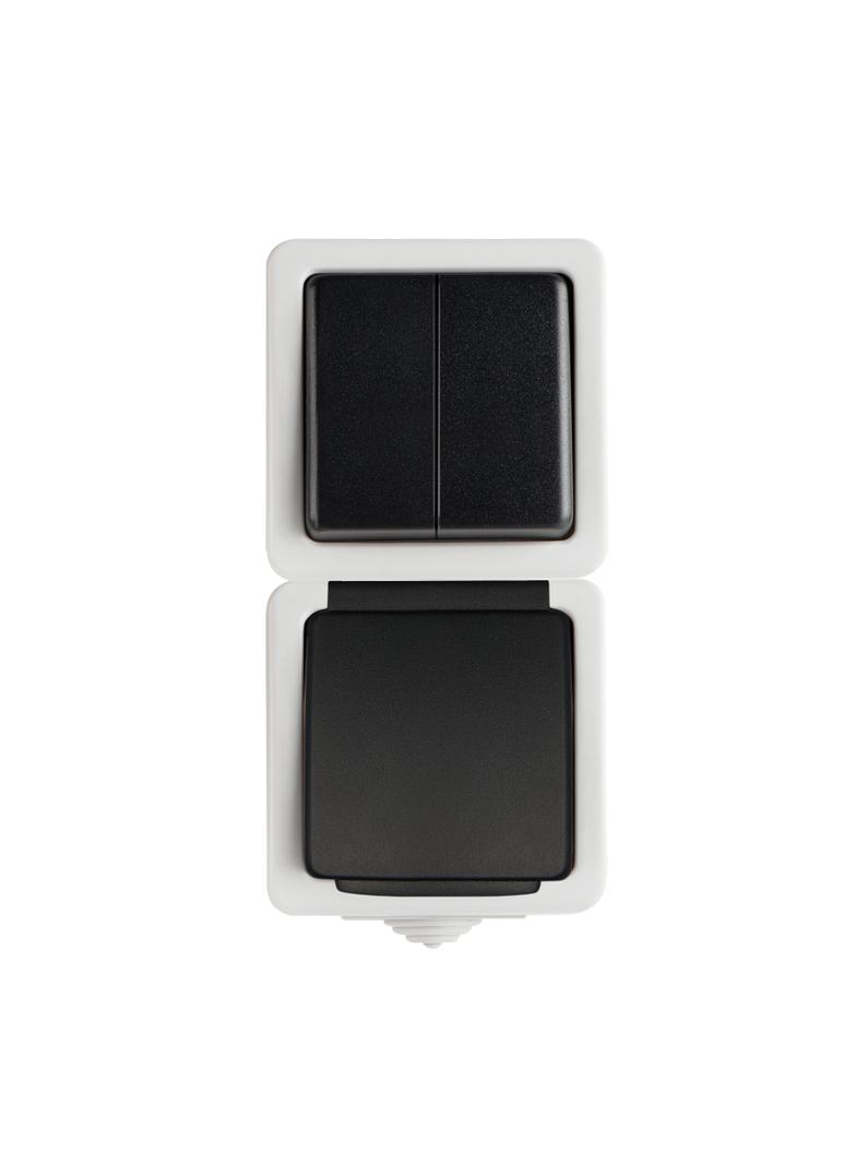 TEKNO Łącznik świecznikowy + gniazdo pionowe z ochroną styków śrubowe 10AX/16A 250V szare IP54 25362 KANLUX