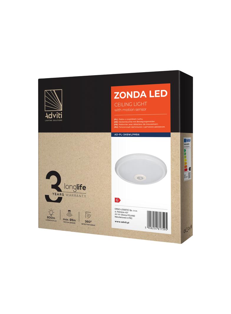 ZONDA LED 12W, plafon z czujnikiem ruchu, 800lm, IP20, 4000K, poliwęglan mleczny, biały AD-PL-349WLPMR4 ORNO