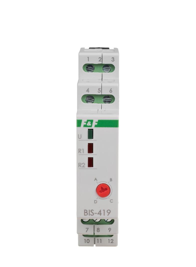 Przekaźnik bistabilny 9-30 V AC/DC 4 funkcyjny DIN dwa obwody sterowania z przekaźnikiem inrush 160A/20ms BIS-419-LED-24V F&F