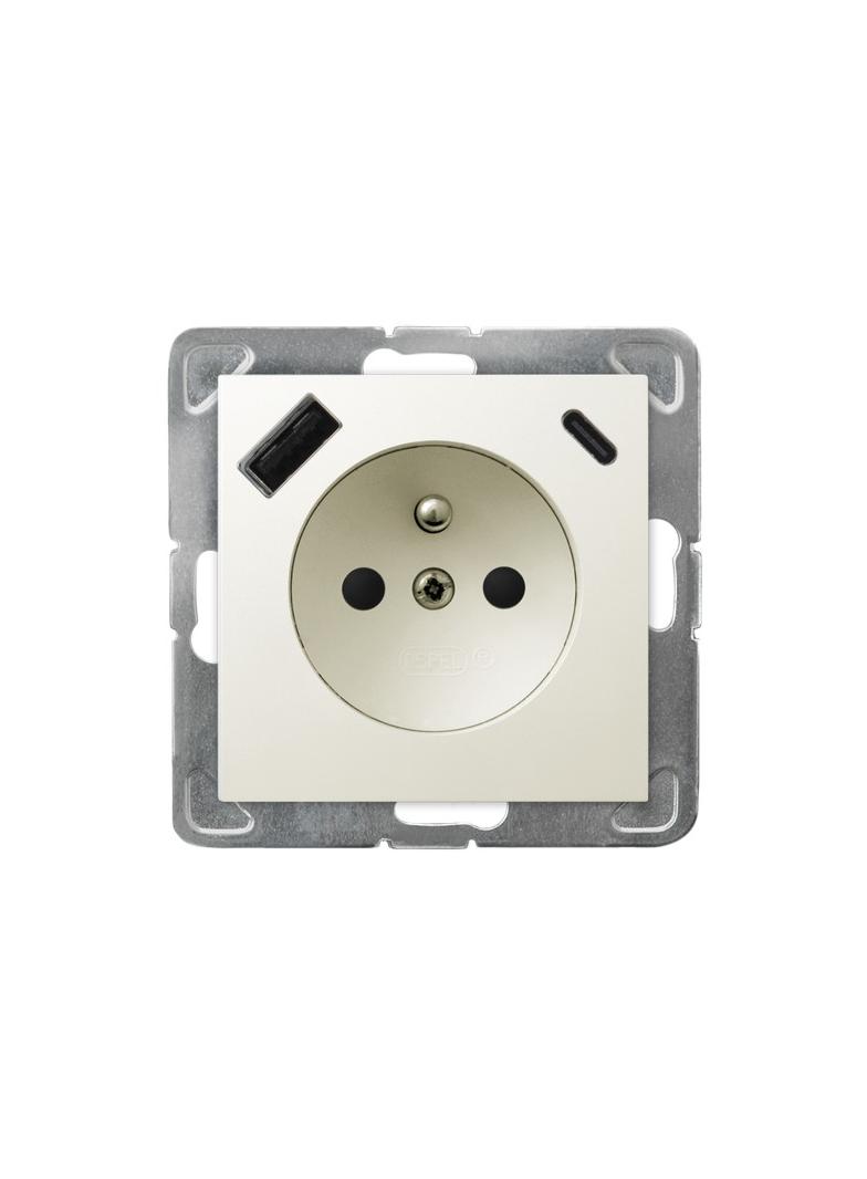Gniazdo pojedyncze z uziemieniem z ładowarką A+C IMPRESJA ECRU