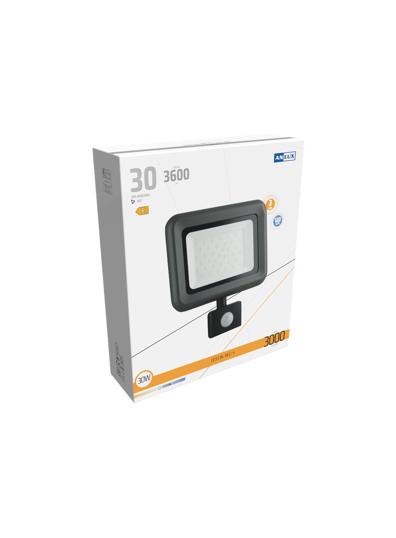 NAŚWIETLACZ LED HELI 30W Z CZUJNIKIEM RUCHU IP65 120LM/W NEUTRALNY BIAŁY 3 LATA GW. ANLUX