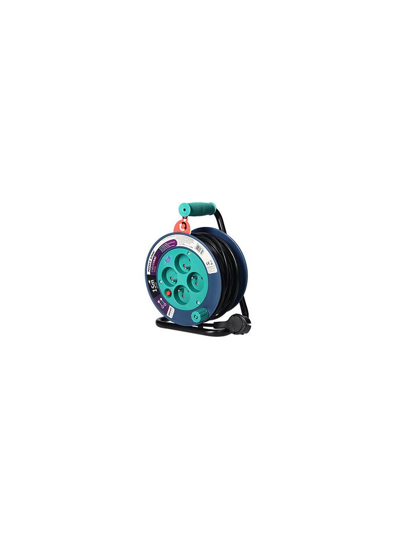 Przedłużacz bębnowy MINI, 4 gniazda 2P+Z, metalowy stojak, polwinit H05VV-F 3x1mm2 , długość 15m, turkusowy OR-AE-1339/T ORNO