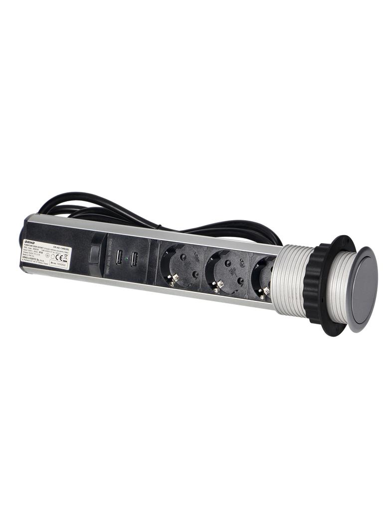 Gniazdo meblowe O6cm wysuwane z blatu z ładowarką USB, blokadą i przewodem 1,8m, 3x2P+Z (Schuko), 2x OR-AE-1349(GS) ORNO