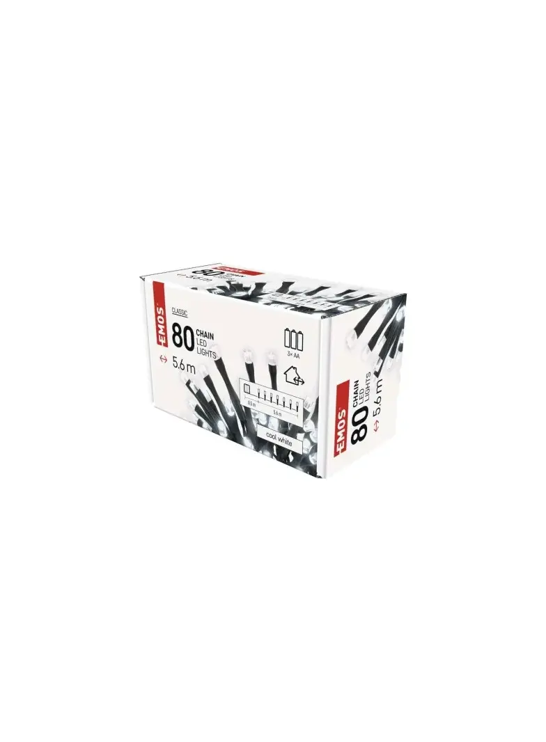 Lampki choinkowe LED Cluster, 80 LED 5,6 m, 3x AA, zimna biel, IP44, timer