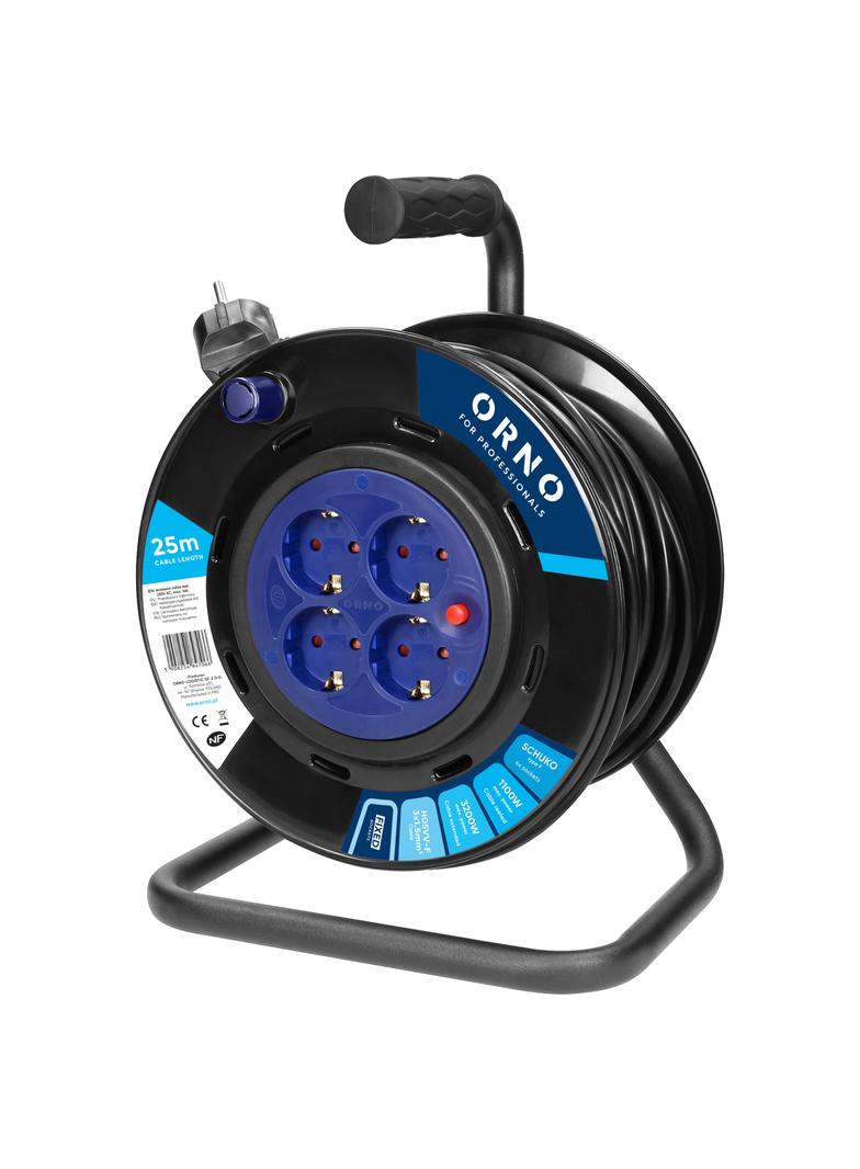 Przedłużacz bębnowy, 4 gniazda 2P+Z Schuko, kabel PVC H05VV-F 3x1,5mm2, długość 25m, stałe gniazda,