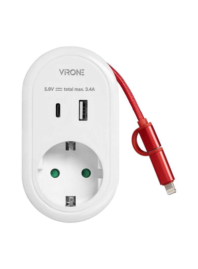 Adapter 1x 2P+Z z ładowarką USB (Typ A+C), 5V DC/ 3,4A, z dodatkowym kablem ładującym (typ C + Light